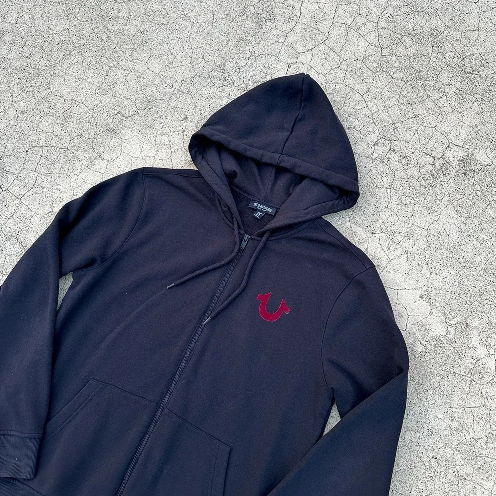 True Religion Hoodie Mens Size M Black Full Zip Horseshoe Logo Sweatshirt Casual